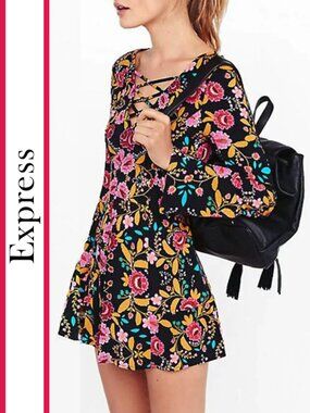 Express | Floral Print Lace-up Neckline Jumpsuit